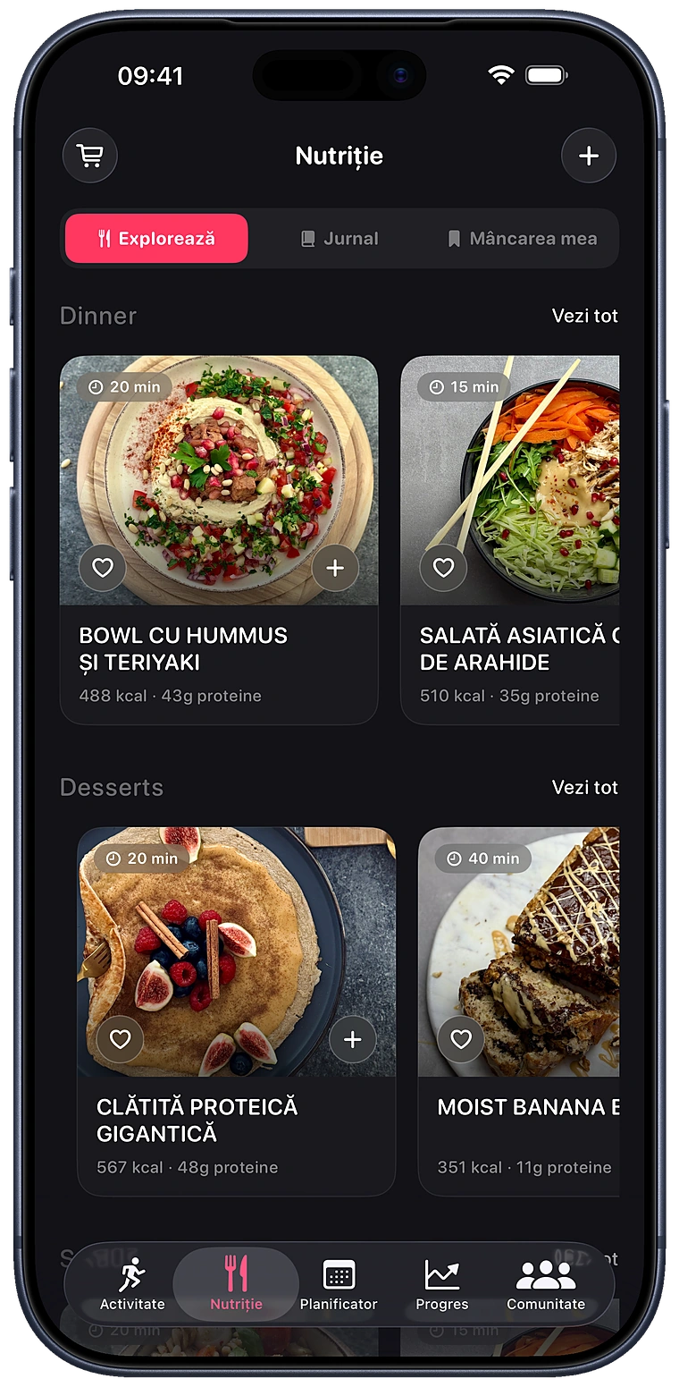 Rețete de mic dejun și prânz, fiecare cu timpul de preparare, caloriile și proteinele